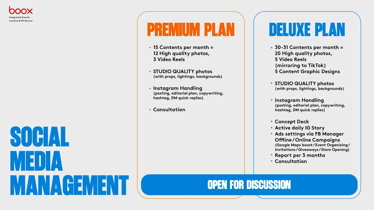 BOOX Premium and Deluxe social media management plans