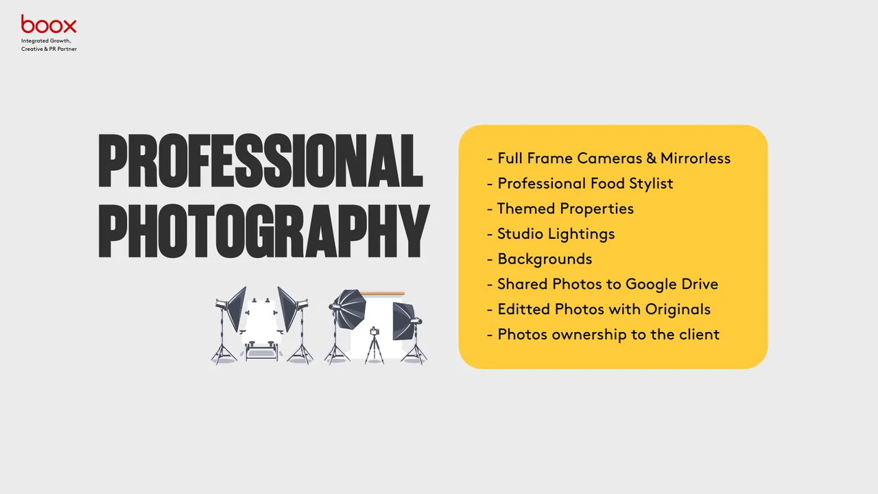 Professional photography services, equipment, styling, lighting, delivery and client ownership