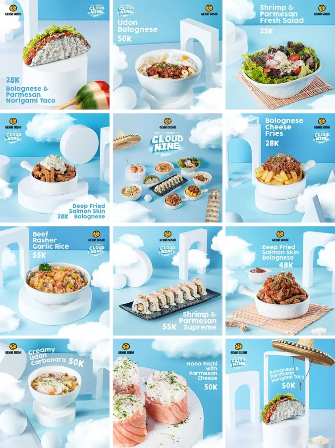 A run of Genki Sushi social content in blue campaign visuals