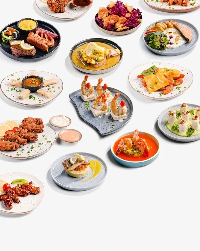 Selected hospitality dishes shot overhead