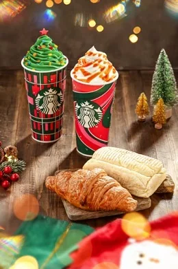 Starbucks drinks and food in Christmas art direction