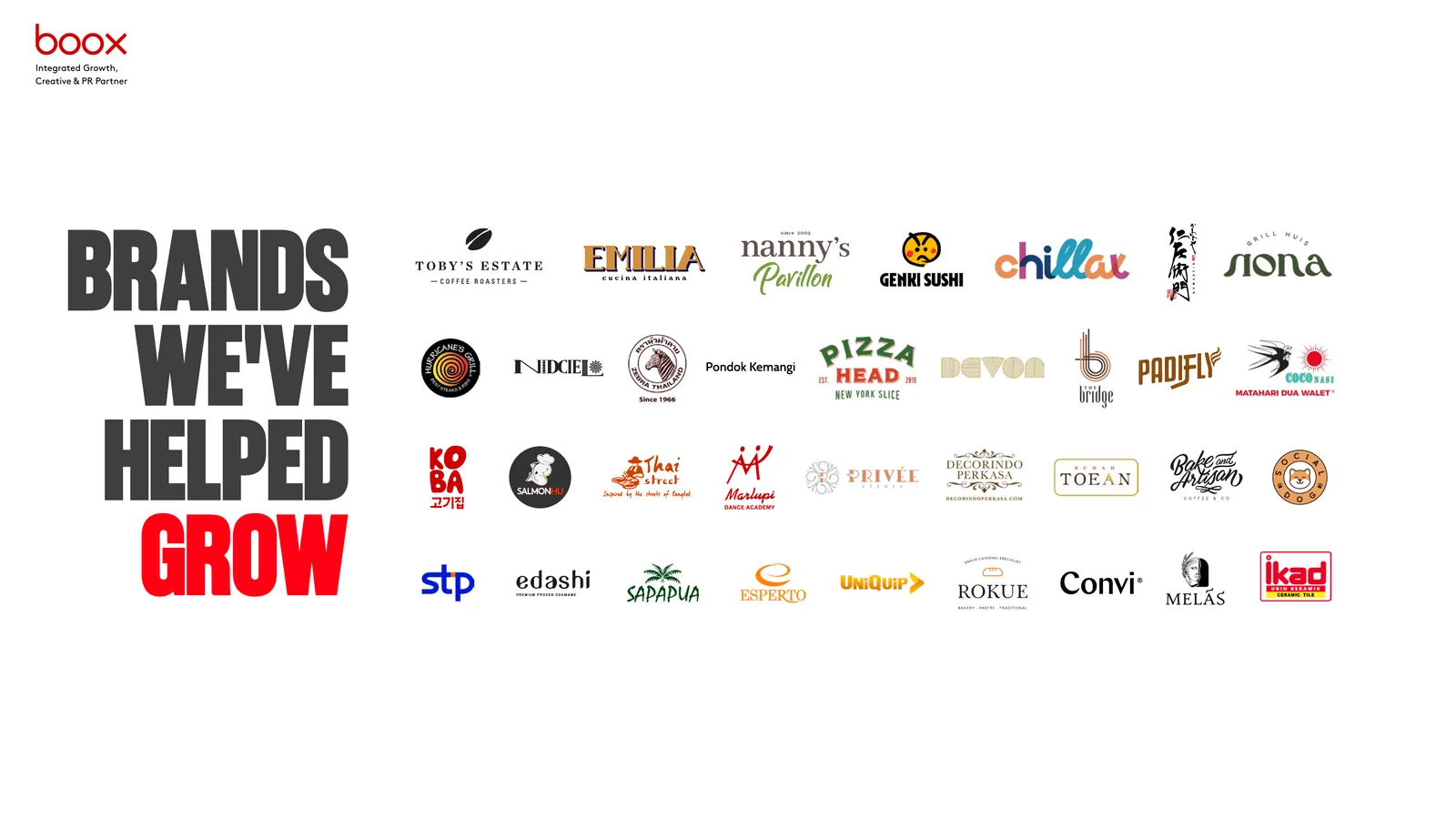 Company profile spread showing logos of brands BOOX has worked with across F&B, FMCG, lifestyle, and retail