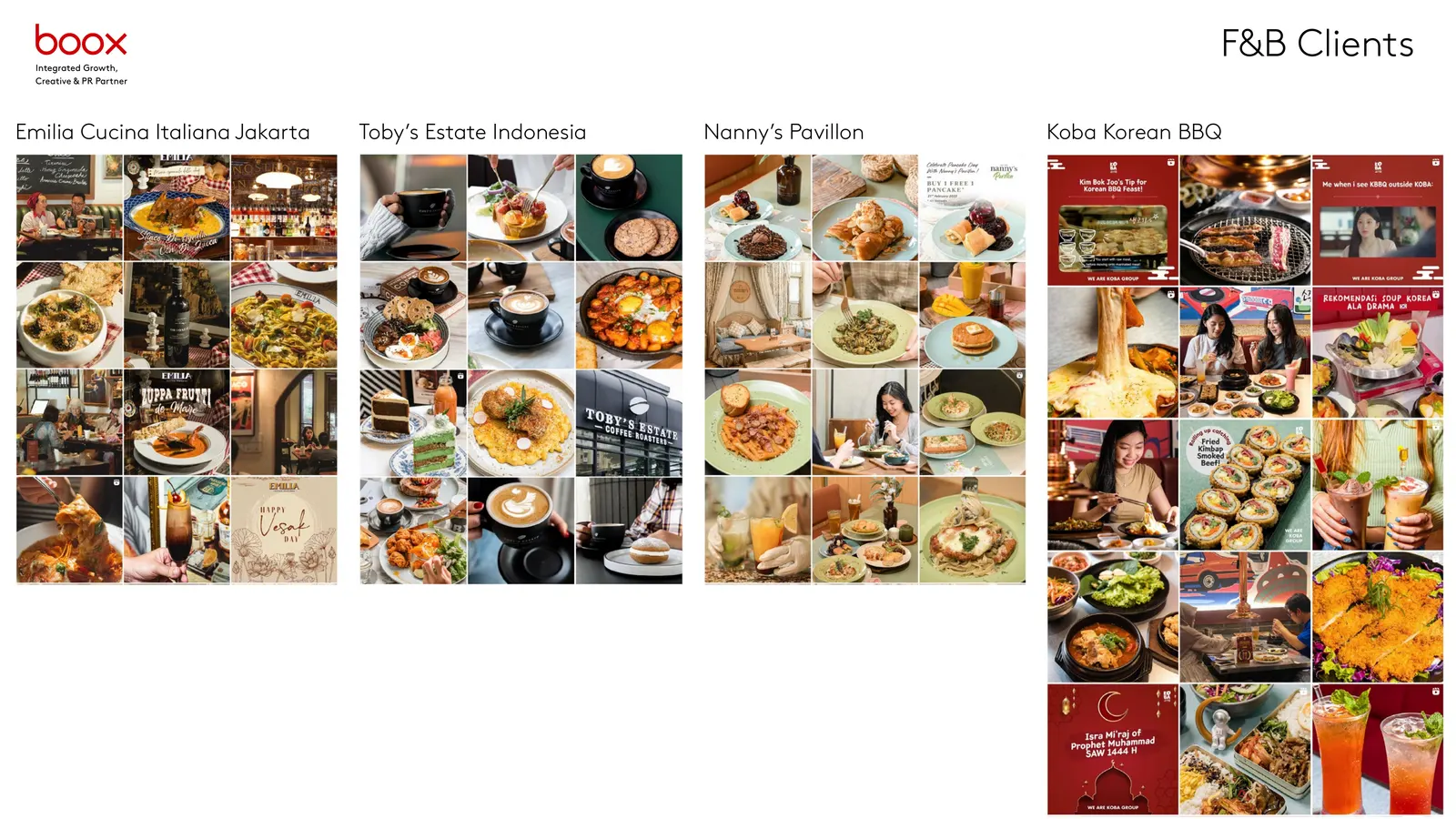 Social media grids for Emilia Cucina Italiana, Toby's Estate, Nanny's Pavillon and Koba