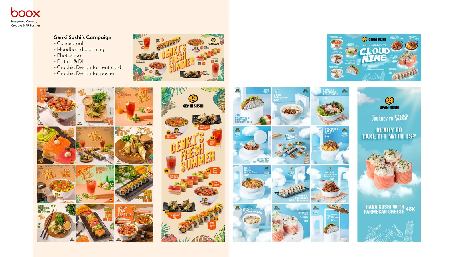 Genki Sushi campaign spread with social grid, tent card and poster design