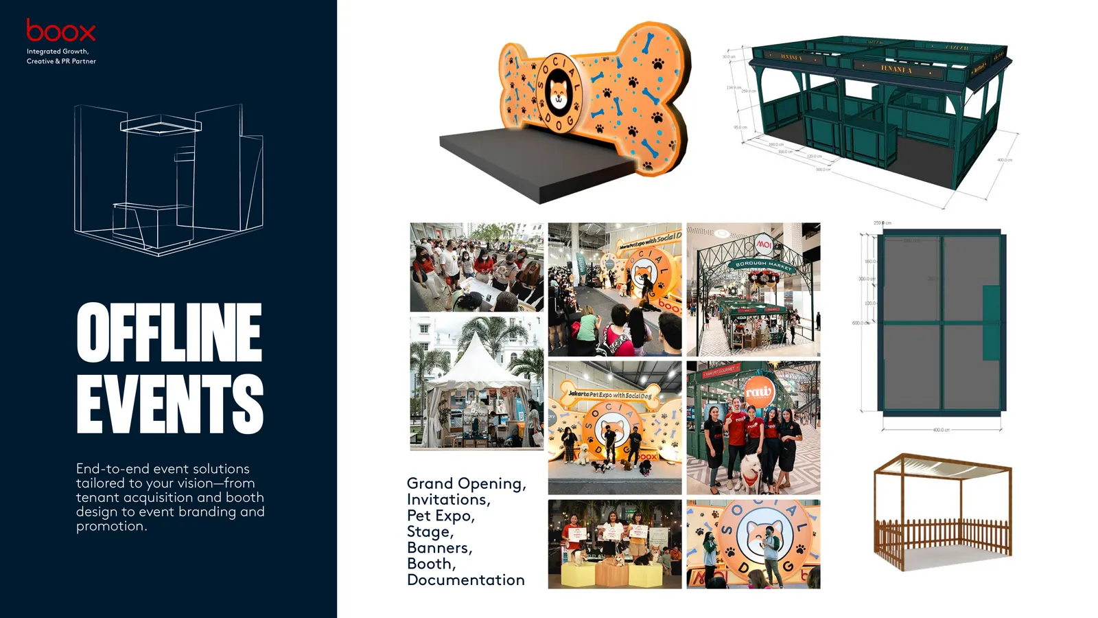Spread documenting grand openings, pet expo, stage, banners and booths