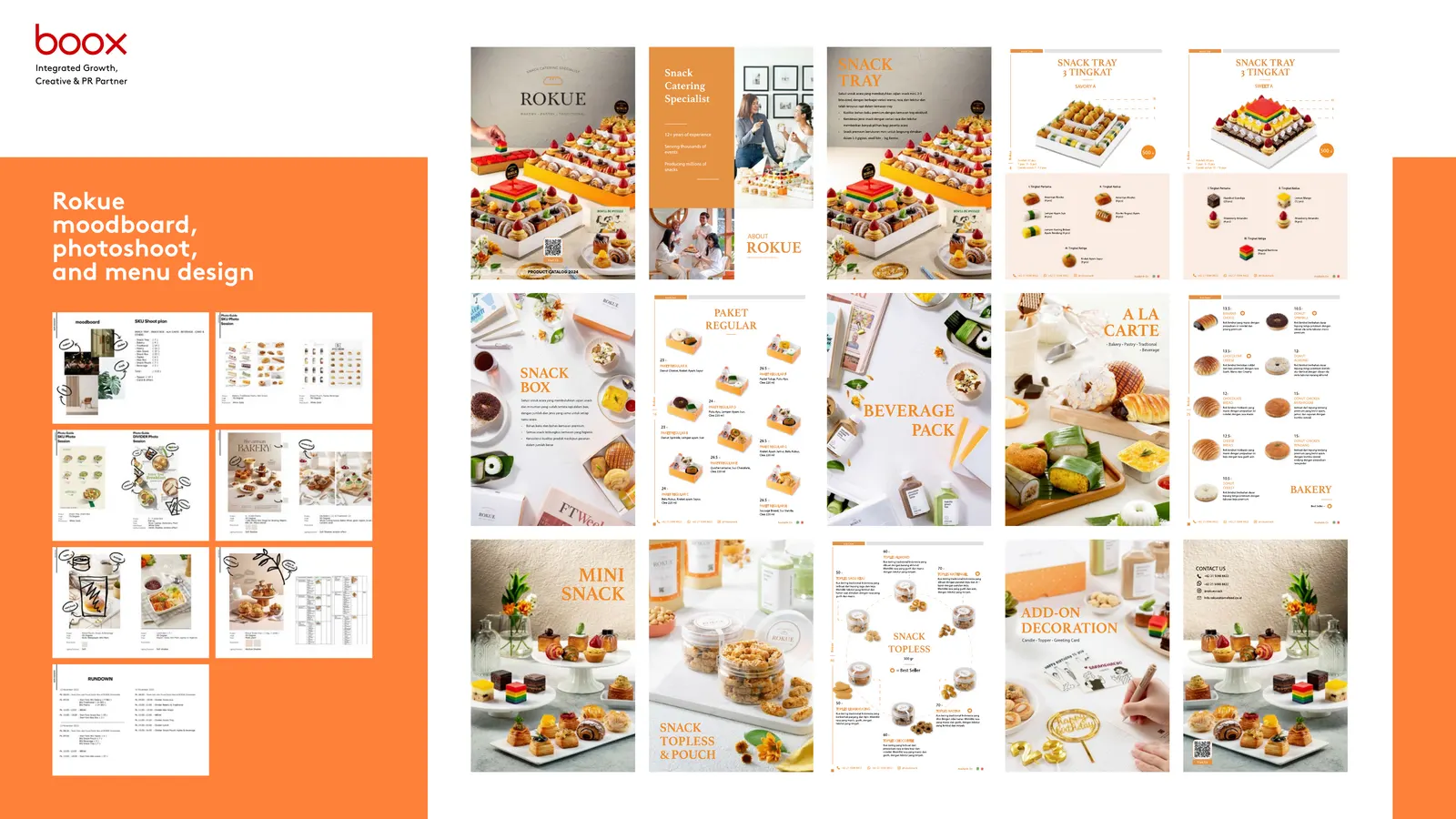 Rokue spread with moodboard, photography and menu design