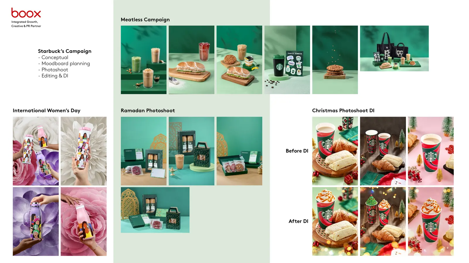 Starbucks campaign spread showing seasonal concepts, moodboards and finished shots